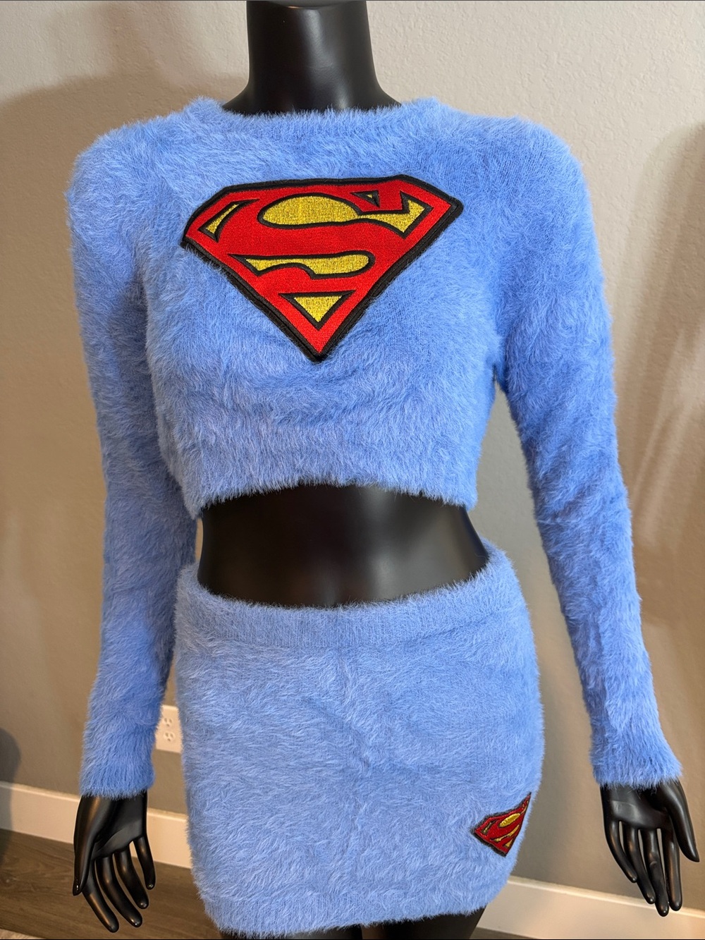 Dolls Kill Powder Blue Fuzzy Crop Sweater & Skirt Set with Superman Patch